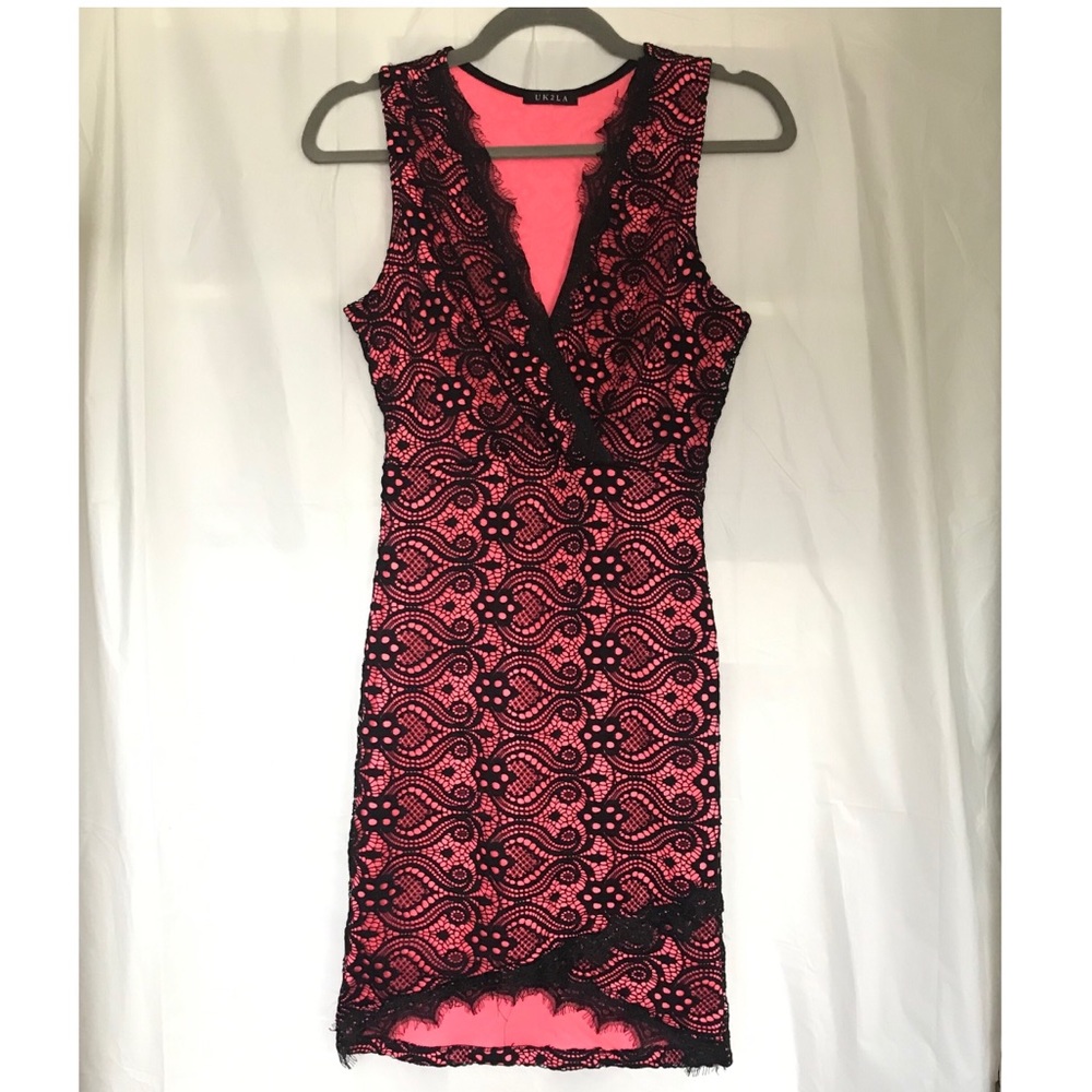 Hot Pink/Black Lace Bodycon Dress Sz M